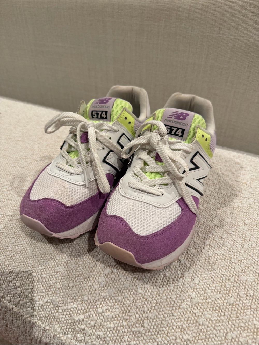 New Balance 574 Athletic Shoes in Purple, White & Lime